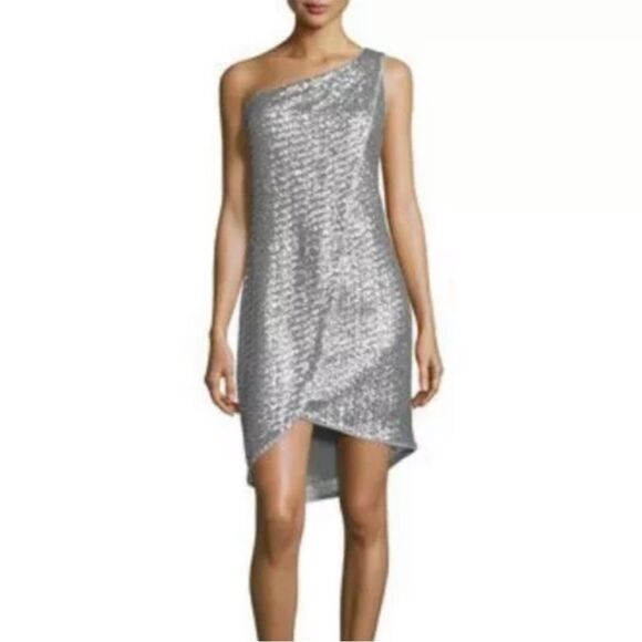 Halston Heritage Silver Sequin One Shoulder Faux Wrap Tulip Mini Dress 6 - Picture 1 of 11